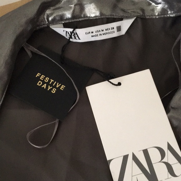 ZARA SILVER LAPEL SURPLICE WRAP EFFECT V NECK LAMINATED METALLIC DRESS $119 - Picture 11 of 13